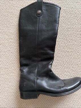 Frye Black Leather Tall Boots with Snap Pull-Tab